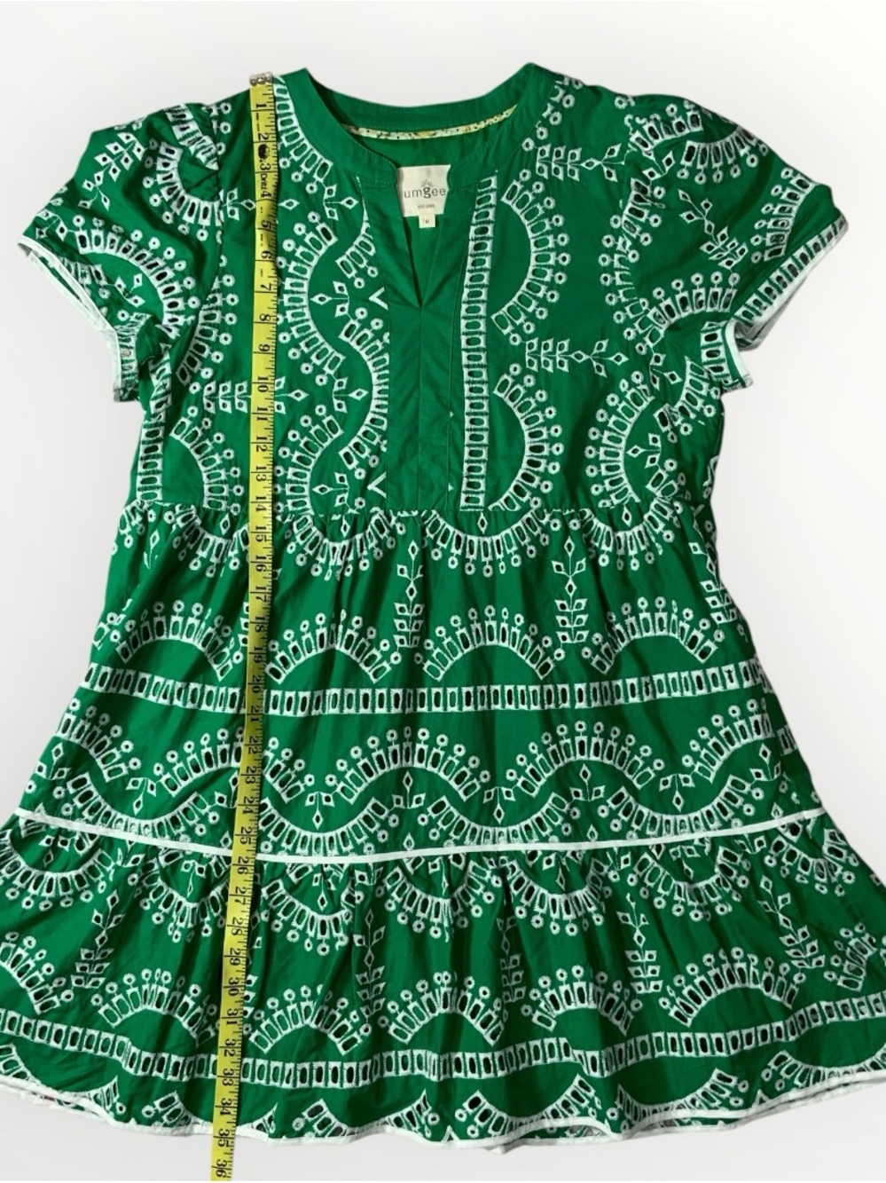 Umgee A Line Tiered Green & White Embroidered Eyelet Boho Dress Sz Medium #259 - Picture 2 of 5